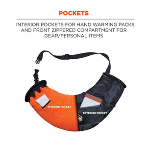 N-Ferno hand warmer showing interior pocket for warming packs and exterior zippered compartment for personal items