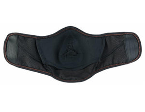 Black neoprene face mask with orange stitching and velcro side fasteners