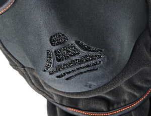 Black fabric glove with embossed Icon logo and orange stitching