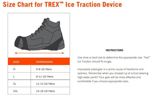 Trex ice traction device sizing chart showing US mens shoe sizes for medium to extra extra large sizes