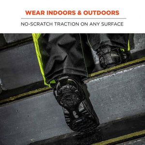 Trex traction cleats worn on boots walking up stairs