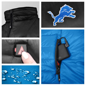 ActionHeat jacket features including Detroit Lions logo, power button, battery pack, and water resistant fabric