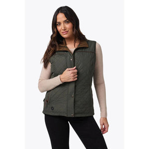 Woman wearing a Mobile Warming olive green quilted vest with brown collar