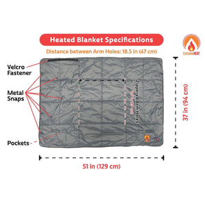 ExtremeMIST heated blanket specifications diagram showing dimensions and features like velcro fasteners and metal snaps