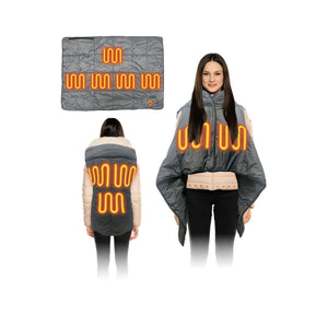 ExtremeMIST heated blanket shown flat and worn by a person from front and back views
