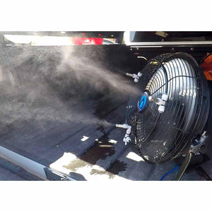 ExtremeMIST fan with misting nozzles attached in a truck bed