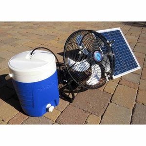 ExtremeMIST solar powered misting fan with water cooler on brick patio