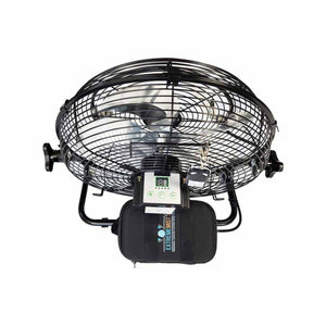 ExtremeMIST portable cooling fan with black wire cage and attached battery pack