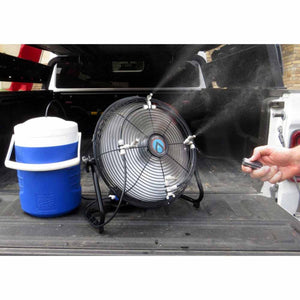 ExtremeMIST portable cooling fan with water reservoir and remote control in truck bed