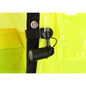 ExtremeMIST hydration tube clip attached to high visibility yellow safety vest