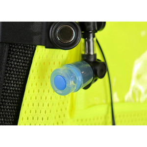 ExtremeMIST hydration pack nozzle attachment on neon yellow mesh fabric