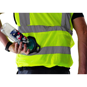 ExtremeMIST water bottle being inserted into a high visibility safety vest