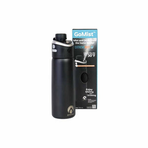 ExtremeMIST GoMist black water bottle with integrated misting nozzle and product packaging
