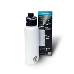 ExtremeMIST GoMist white stainless steel misting water bottle and product packaging
