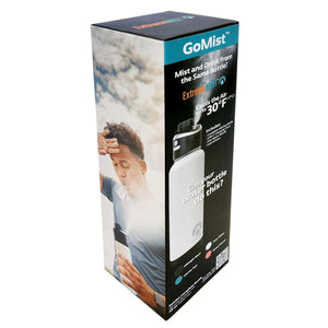 ExtremeMIST GoMist water bottle product packaging showing a person using the misting feature