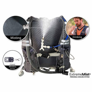 ExtremeMIST personal cooling system backpack with misting nozzle, drinking tube, and 8 speed wireless remote