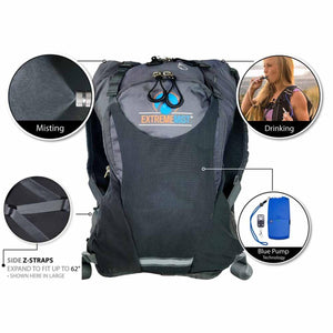 ExtremeMIST hydration backpack showing misting nozzle, drinking tube, side Z-straps, and blue pump technology