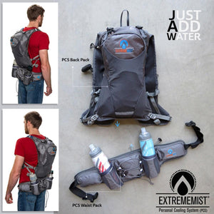 ExtremeMIST personal cooling system showing backpack and waist pack components with water bottles