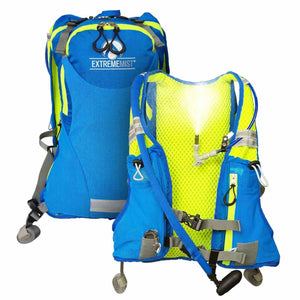 ExtremeMIST blue and yellow hydration backpack and vest with integrated misting nozzle