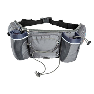 Grey hydration running belt with two bottle holders and zippered storage pockets