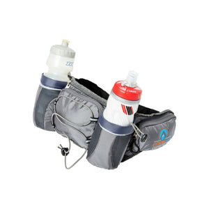 Grey hydration waist belt with two water bottles and storage pockets