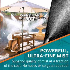 Outdoor patio umbrella with integrated misting system cooling the air