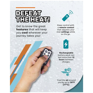 Infographic showing misting fan features including remote control, rechargeable battery, and cooling capacity