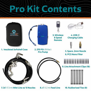 Extrememist pro kit components including pump, mist line, remote, charging cable, and accessories