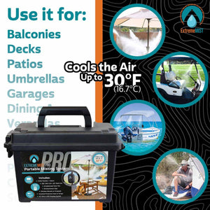 ExtremeMist Pro portable misting system shown with application examples for outdoor cooling