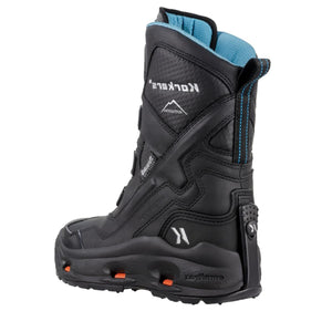 Korkers black winter boot with blue interior lining and orange sole accents