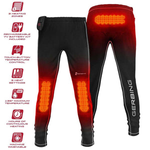 Gerbing heated pants showing three heating zones and feature icons