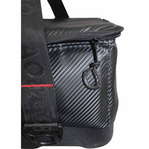 Close up of black carbon fiber texture on an AO Coolers bag with zipper pull