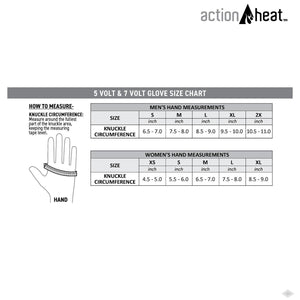 ActionHeat 5 volt and 7 volt glove size chart for men and women showing knuckle circumference measurements
