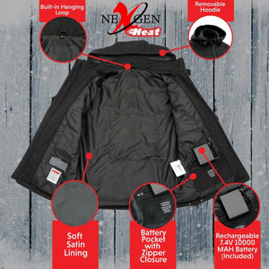 NexGen heated jacket interior features including hanging loop, removable hoodie, satin lining, and battery pocket