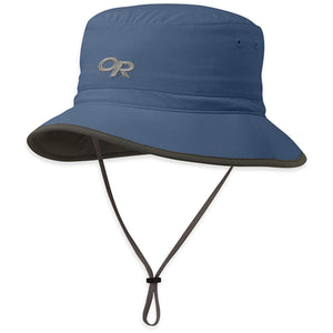 Outdoor Research blue bucket hat with chin strap and logo