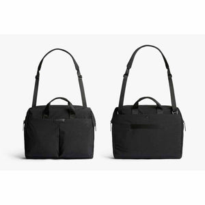 Front and back view of a black Bellroy carry bag with shoulder strap and handles