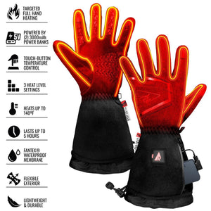 ActionHeat heated gloves with feature list including full hand heating and waterproof membrane