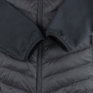 Close up of black quilted jacket sleeves and central zipper