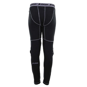 Black AFNDN compression leggings with grey contrast stitching and branded waistband