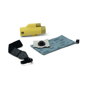 NOCS Provisions yellow monocular with black wrist strap and patterned storage pouch