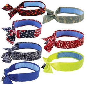 Seven Chill-Its cooling tie headbands in various patterns and colors