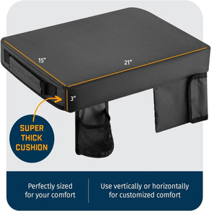 Black rectangular cushion with dimensions 15 inches by 21 inches by 3 inches and side storage pockets