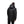 Back view of a person wearing a black Black Diamond hooded insulated jacket and a maroon beanie