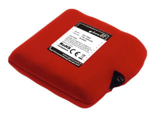 Glovii red rechargeable battery pack with technical specifications label