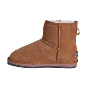 Chestnut suede ankle boot with white shearling lining and flat rubber sole