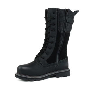 Black leather lace up boot with side zipper and textured fabric panel