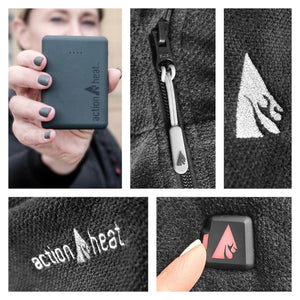 ActionHeat battery pack, zipper detail, embroidered logo, brand name, and power button on black fleece fabric