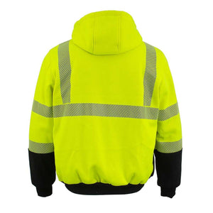 Back view of NexGen high visibility yellow hooded sweatshirt with reflective stripes and black cuffs