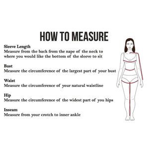 DSG Outerwear size guide showing body measurement instructions for sleeve length bust waist hip and inseam