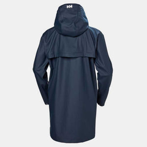 Back view of a navy blue Helly Hansen rain jacket with a hood and HH logo
